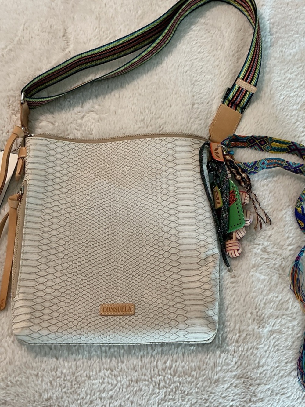 Consuela Cream Embossed Crossbody with Multicolor Woven Strap